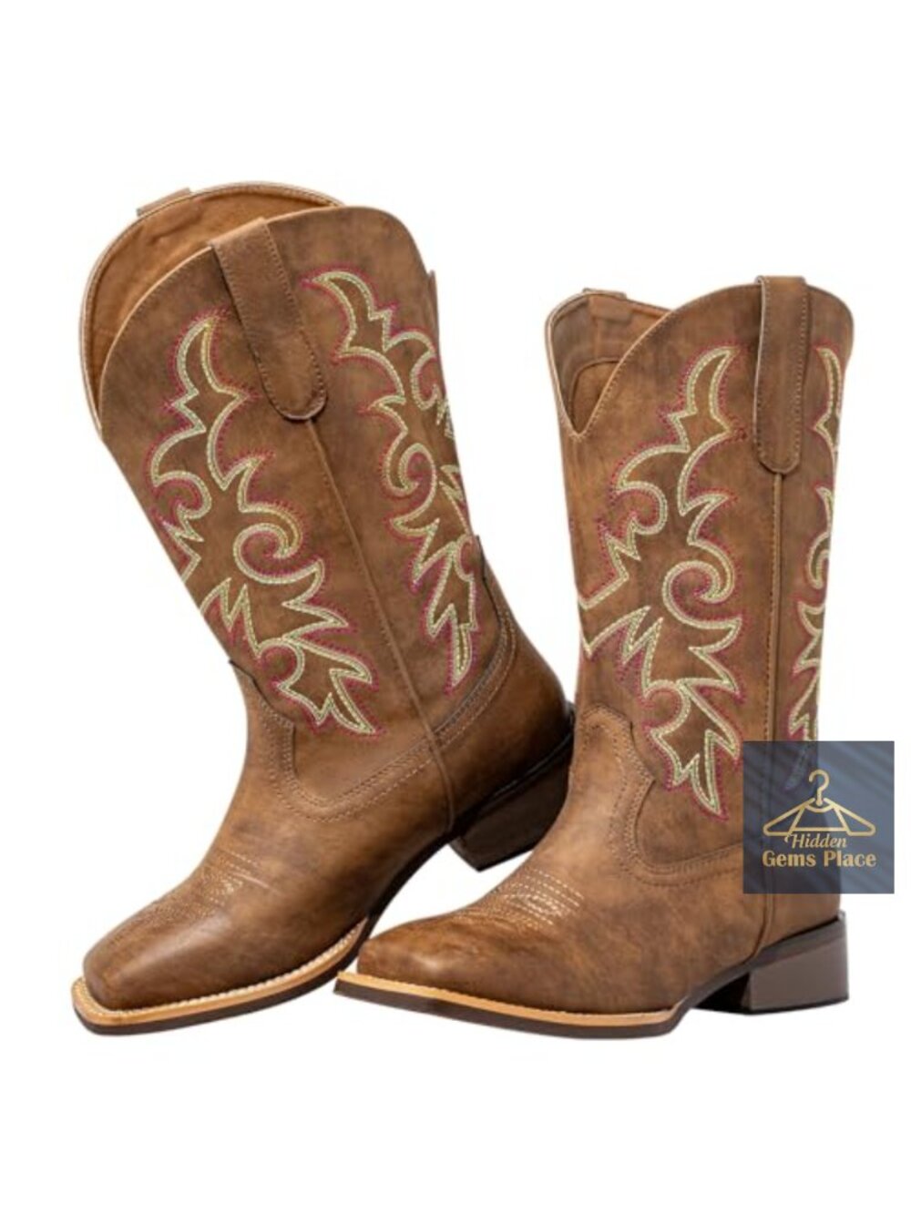 Extra Wide Calf Cowgirl Boots Square Toe Pull-On Western Boots Faux Leather
